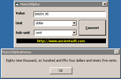 This is a very handy DLL to convert numbers to words, for instance, if you pass (23.95,"dollar", "cent") to this DLL it will convert it to : Twenty three dollars and ninety five cents.